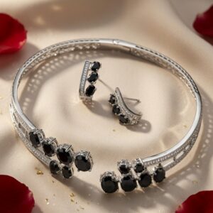 Wave Silver Black Diamond-Style Cluster Hasli And Hoop-Platinum Finish