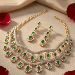 The Imperial Aurelia Double Band Diamond-Style Mesh And Oval Emerald Wedding Choker Set-Gold Finish