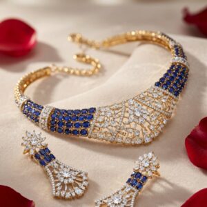Azure Empress Premium Gold Finish Square-Cut Sapphire Hasli Set