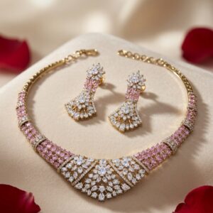 The Victoria Peony Designer Brilliant Lace Pink Tourmaline Hasli Set-Gold Finish