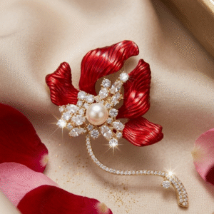 The Isabella Crimson Orchid Textured Flower Brooch-Gold Finish