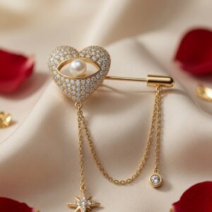 The Luxury Evil Eye And Pearl With Lapel Brooch With Draped Chains -Gold Finish