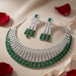 Royal Verdant Majesty Bridal Oval Emerald Choker Set-Platinum Finish