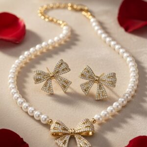 Clarissa Pearl Strand Necklace And Bow Earrings Necklace Set-Gold Finish