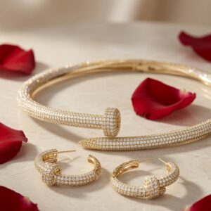 The Cleo Industrial Pavè Nail Choker And Knot Hoop Earrings-Gold Finish