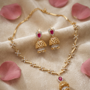 The Rajkumari Crimson Bell Drop With Jumka Earrings Choker Set-Gold Finish