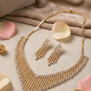 The Genevieve V-Neck Mesh Collar Tassel Drop Earrings Choker Set-Gold Finish