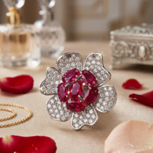 Crimson Bloom Ruby Cluster Flower Magnet Brooch-Platinum Finish