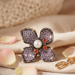 Lavender Bloom Four-Petal Magnet Brooch With Orange Crystal-Black Rhodium Finish