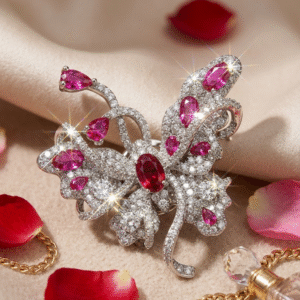 The Sovereign Ribbon Pave Diamond-Style Ruby Floral Magnet Brooch-Platinum Finish