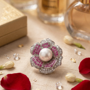 Majestic Blossom Pink Rose Camellia Pearl Magnet Brooch-Platinum Finish