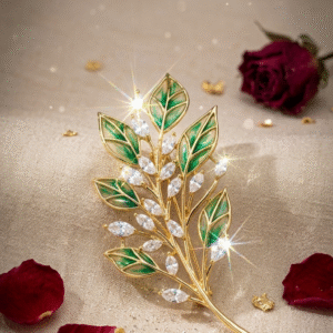 The Laurel Splendor Enamel Leaf Olive Branch Brooch-Gold Finish