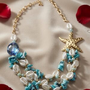 The Caribbean Breeze Statement Cowrie Shell And Turquoise Multi-Row Necklace-Gold Finish