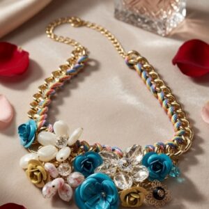 The Primavera Mixed-Media Floral Collar Chunky Gold Satin Rose Necklace-Gold Finish