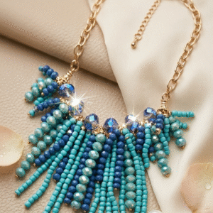 The Santorini Fringe Statement Luxury Turquoise And Cobalt Beaded Bib Necklace-Gold Finish