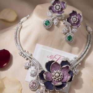 Couture Regal Purple Orchid Pavè Botanical Violet Enamel And Rich Green Choker Set-Platinum Finish