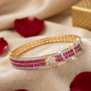 Crimson Tapestry Luxury Channel-Set Ruby And Diamond replica Kada Bracelet-Gold Finish