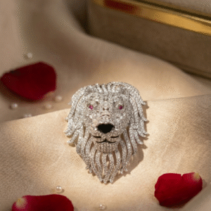 Roaring Sovereign Lion Full-Cut Diamond-Style Lion Head Brooch-Platinum Finish