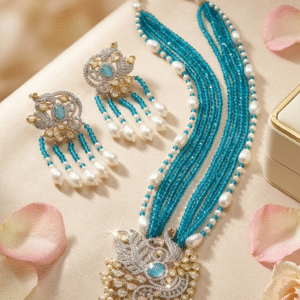 Mayura Zirconia Pendant Set With Turquoise Beads Festive Bridal Jewelry-Gold Finish