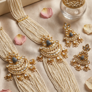 Nizami Kundan Avani Royal Bridal With Layered Pearls Cascade Pendant Set-Gold Finish