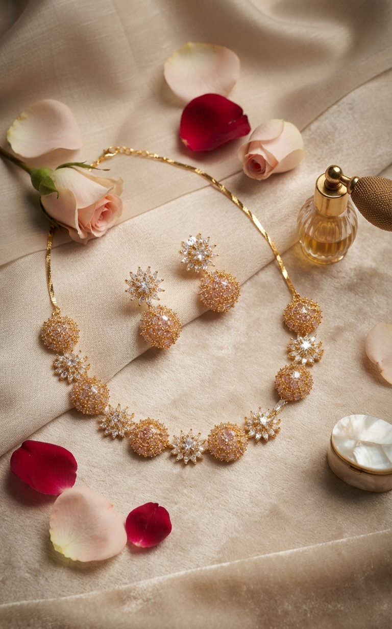 The Imperial Solis Vintage Alternating Crystal Star and Pave Dome Choker Set-Gold Finish