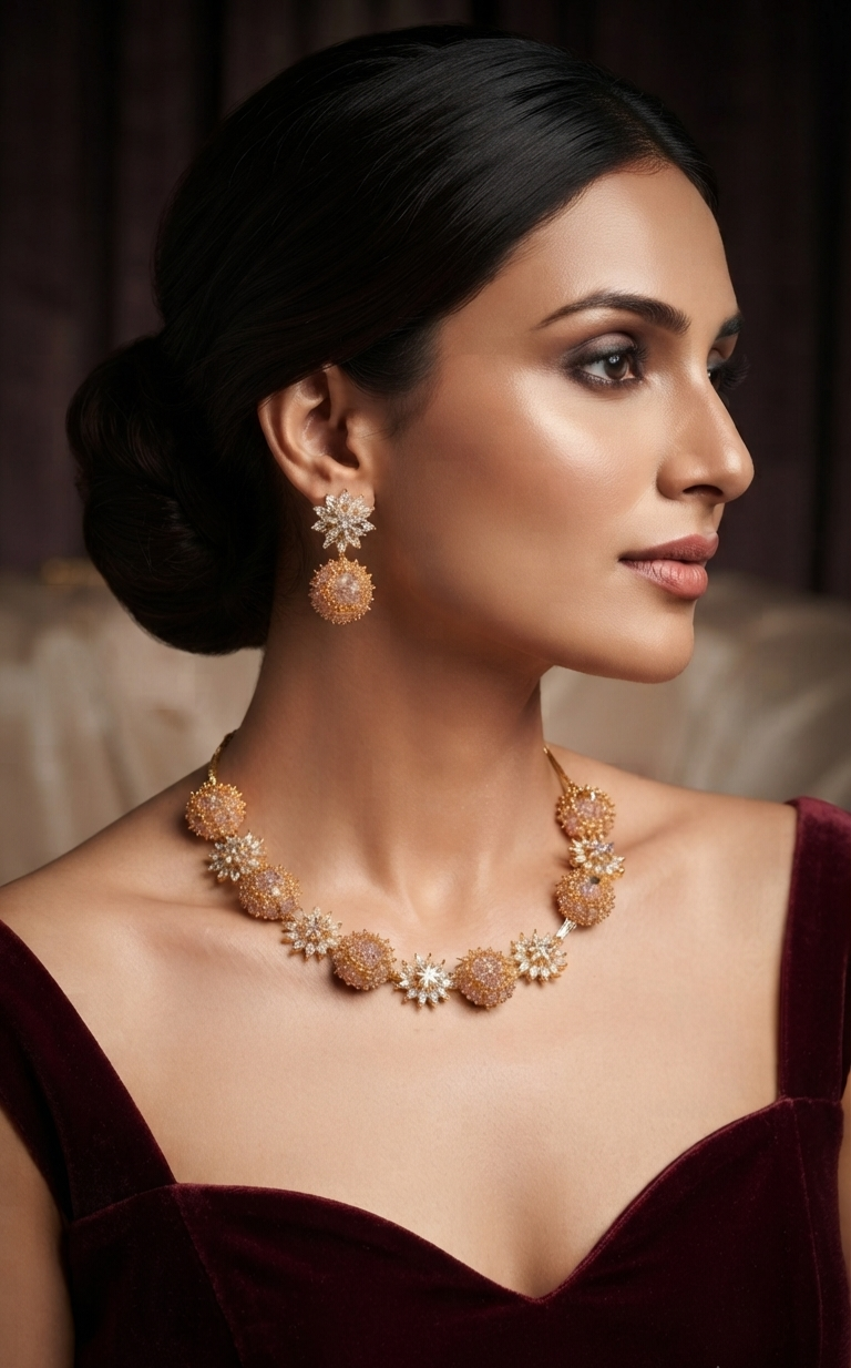 The Imperial Solis Vintage Alternating Crystal Star and Pave Dome Choker Set-Gold Finish - Image 2
