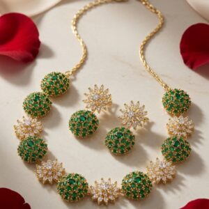 The Sovereign Astra Intricate Floral Emerald Green Dome Choker Set-Gold Finish
