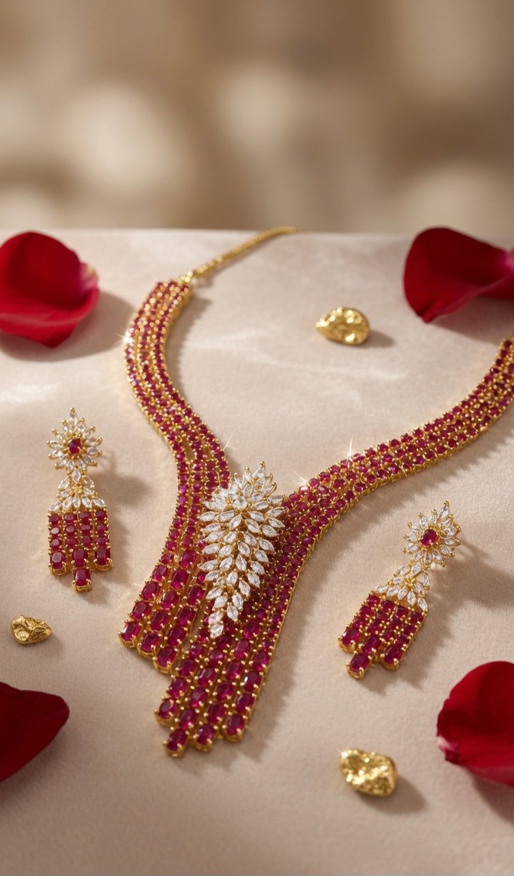 The Sovereign Rose Vintage Multi-Strand Ruby-Style Choker Set-Gold Finish