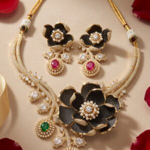 The Noir Blossom Contemporary Black Luxury Multi-Gemstone Floral Choker Set-Gold Finish