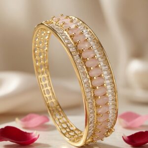 The Seraphina Rose Quartz And Baguette Diamond-Style Kada Bracelet-Gold Finish