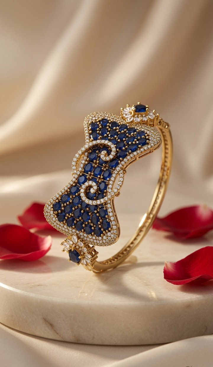 The Anastasia Royal Sapphire Blue Bow Kada Bracelet-Antique Finish