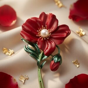 Jardin Rouge Floral Premium Hand-Enamel Red Poppy Brooch-Gold Finish