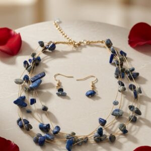 The Celeste Lapis Lazuli Multi-Strand Deep Blue Necklace Set-Gold Finish
