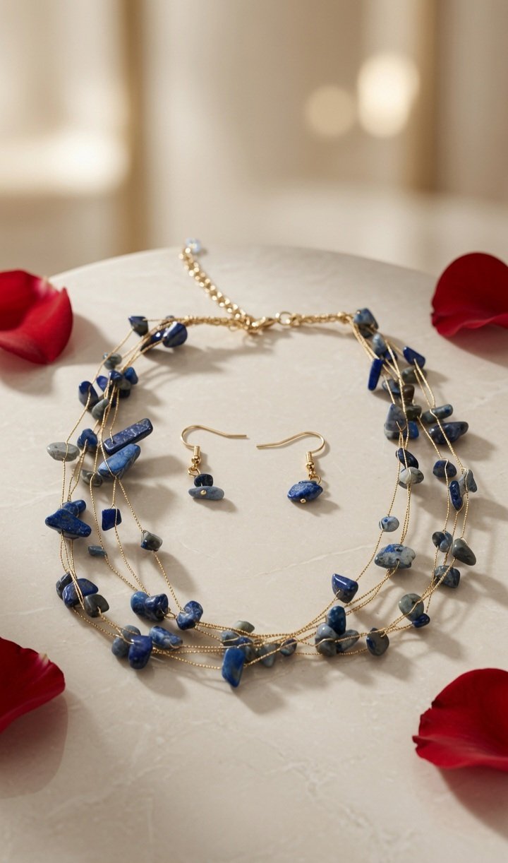 The Celeste Lapis Lazuli Multi-Strand Deep Blue Necklace Set-Gold Finish
