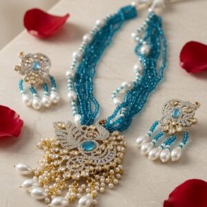 Mayura Zirconia Pendant Set With Turquoise Beads Festive Bridal Jewelry-Gold Finish