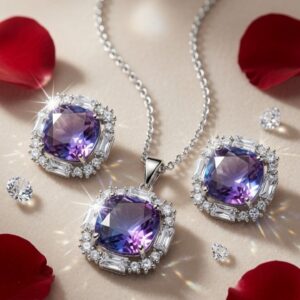 Verona Twilight Cushion Amethyst Baguette Halo Pendant Set-Platinum Finish