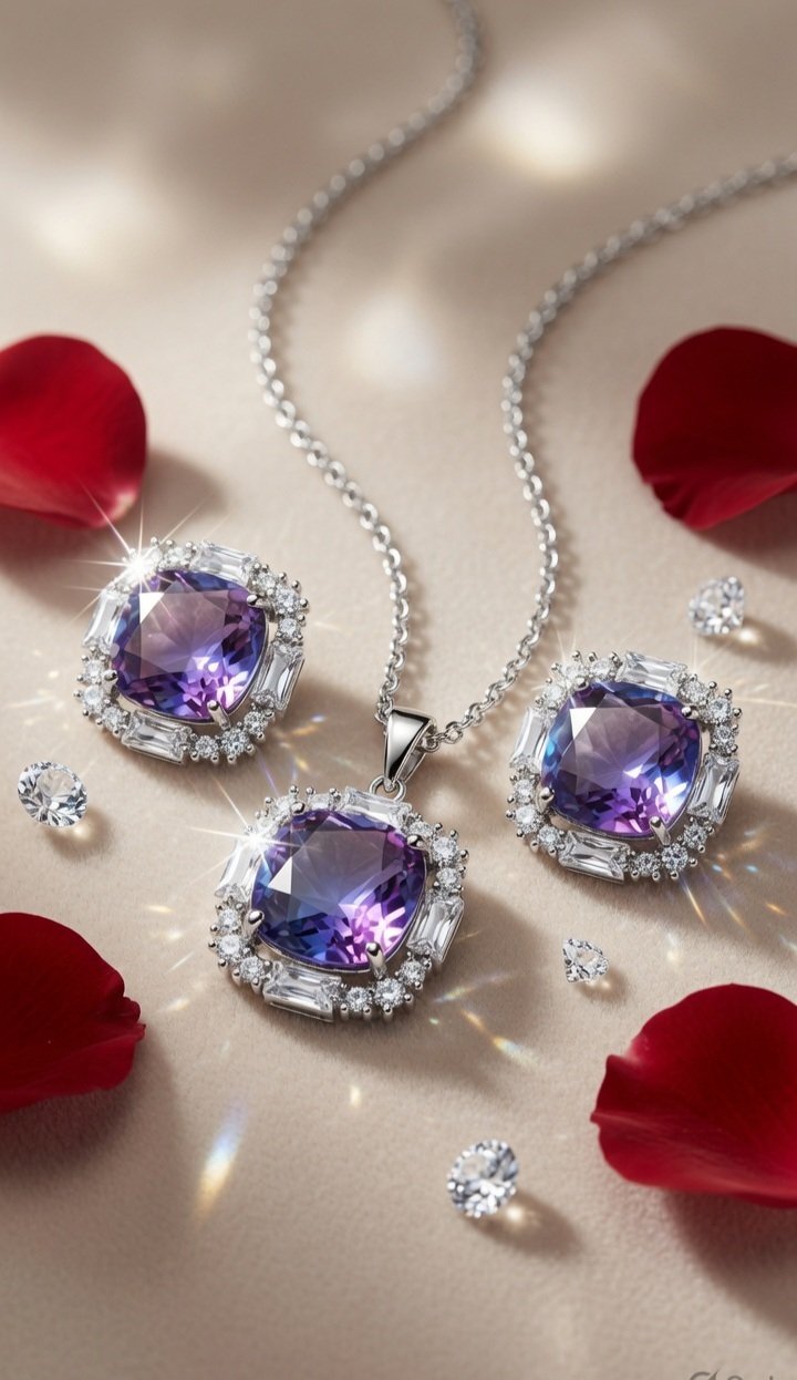 Verona Twilight Cushion Amethyst Baguette Halo Pendant Set-Platinum Finish