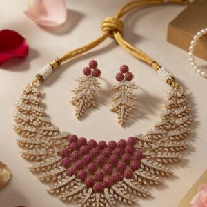 Majestic Ruby-Cluster Crimson Bead Eternal Crest Pavè Leaf Choker Set-Matte Finish