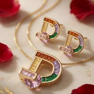 Majestic Multicolor Baguette Intial D Pendant Set-Gold Finish