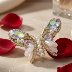 The Papillon Prism Opaline And Pearl Butterfly Brooch-Gold Finish