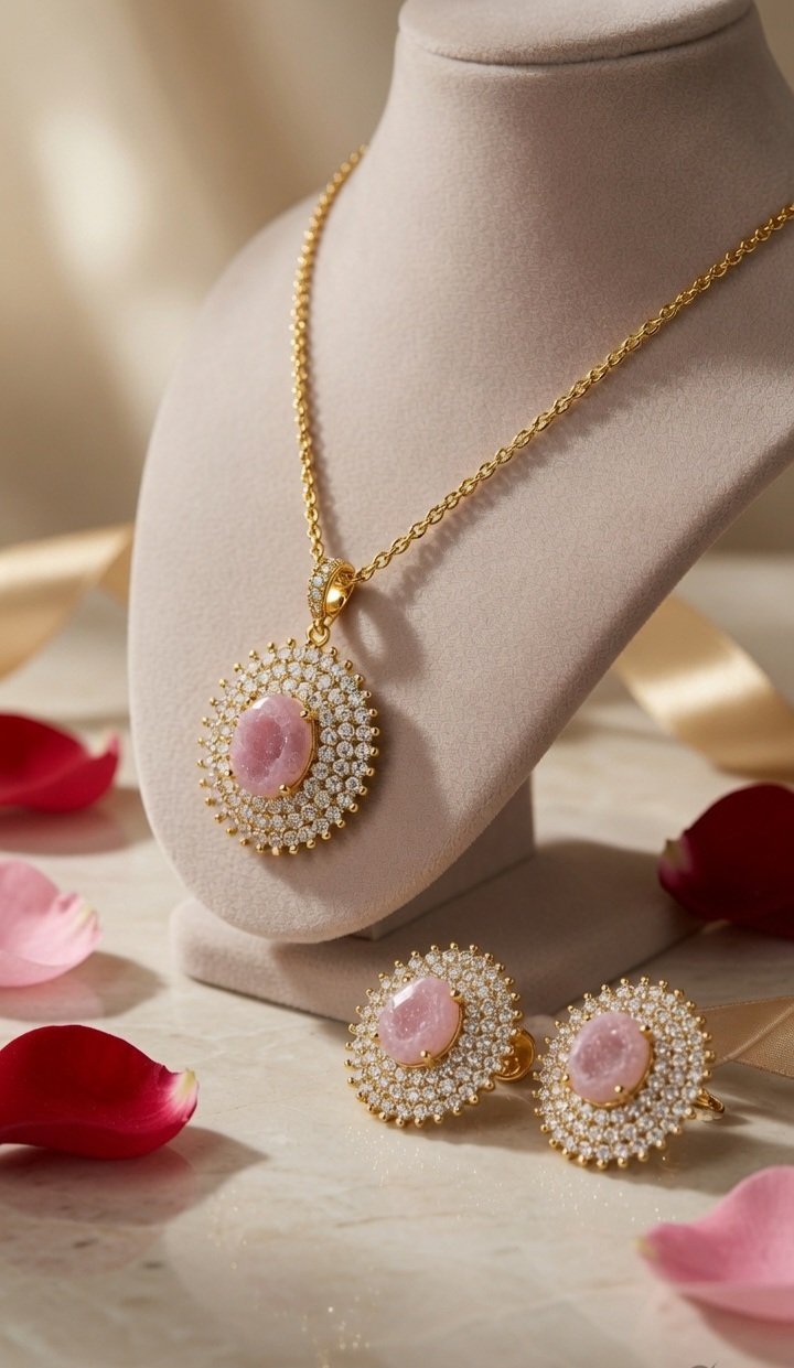 The Pink Opaline Sunburst Statement Necklace-Gold Finish