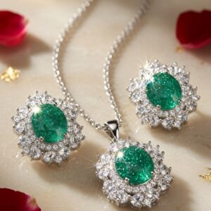 The Sea Green Oval Dynasty Gemstone Floral Pendant Set-Platinum Finish