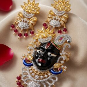 The Scared Shrinathji Divine Enamel Topaz Pendant Set-Gold Finish