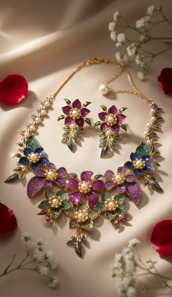 Imperial Orchid Multicolor Micro-Pavè Botanical Choker Set-Gold Finish