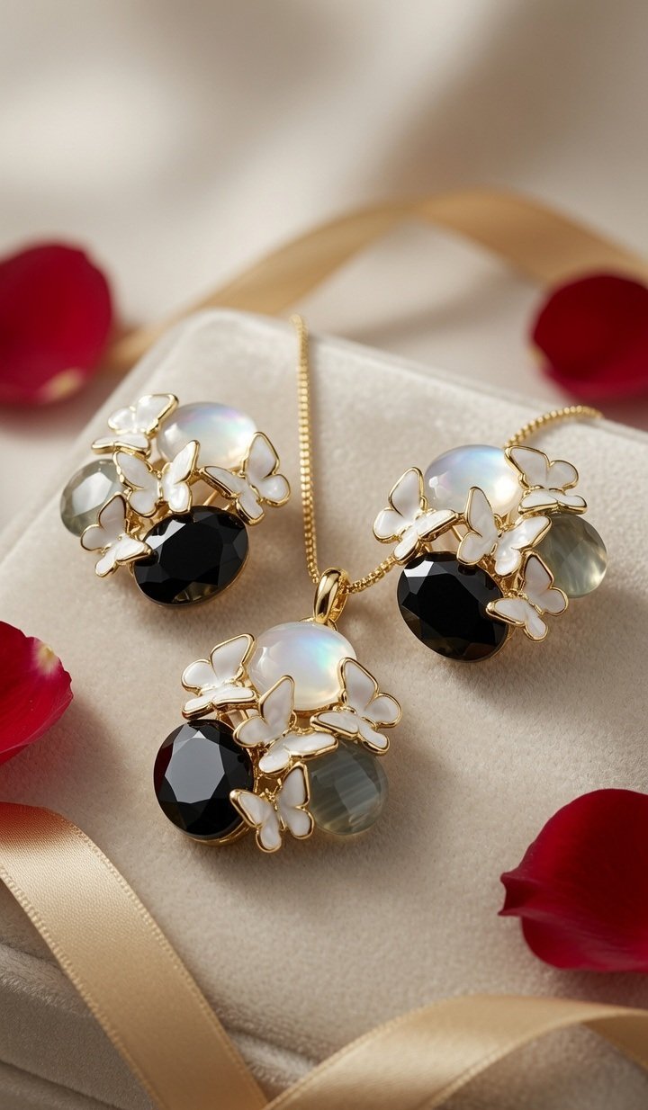 The Papillon Nocturne Oyx And Opaline Pendant Set-Gold Finish