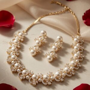 Opulent Grace Peral Cluster Majestic Solistice Choker Set-Gold Finish