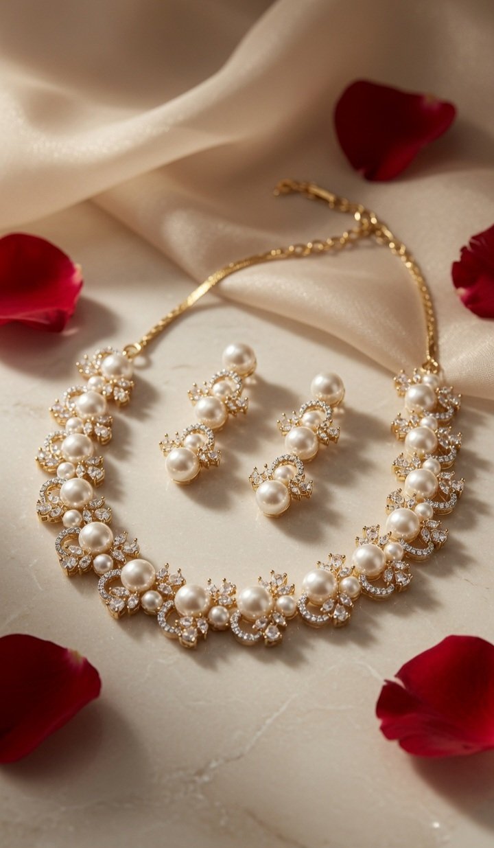 Opulent Grace Peral Cluster Majestic Solistice Choker Set-Gold Finish
