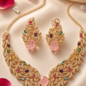 Aura Feathered Pavè Floral Multi-Gemstone With Blush Drop Central Stone Choker Set-Gold Finish