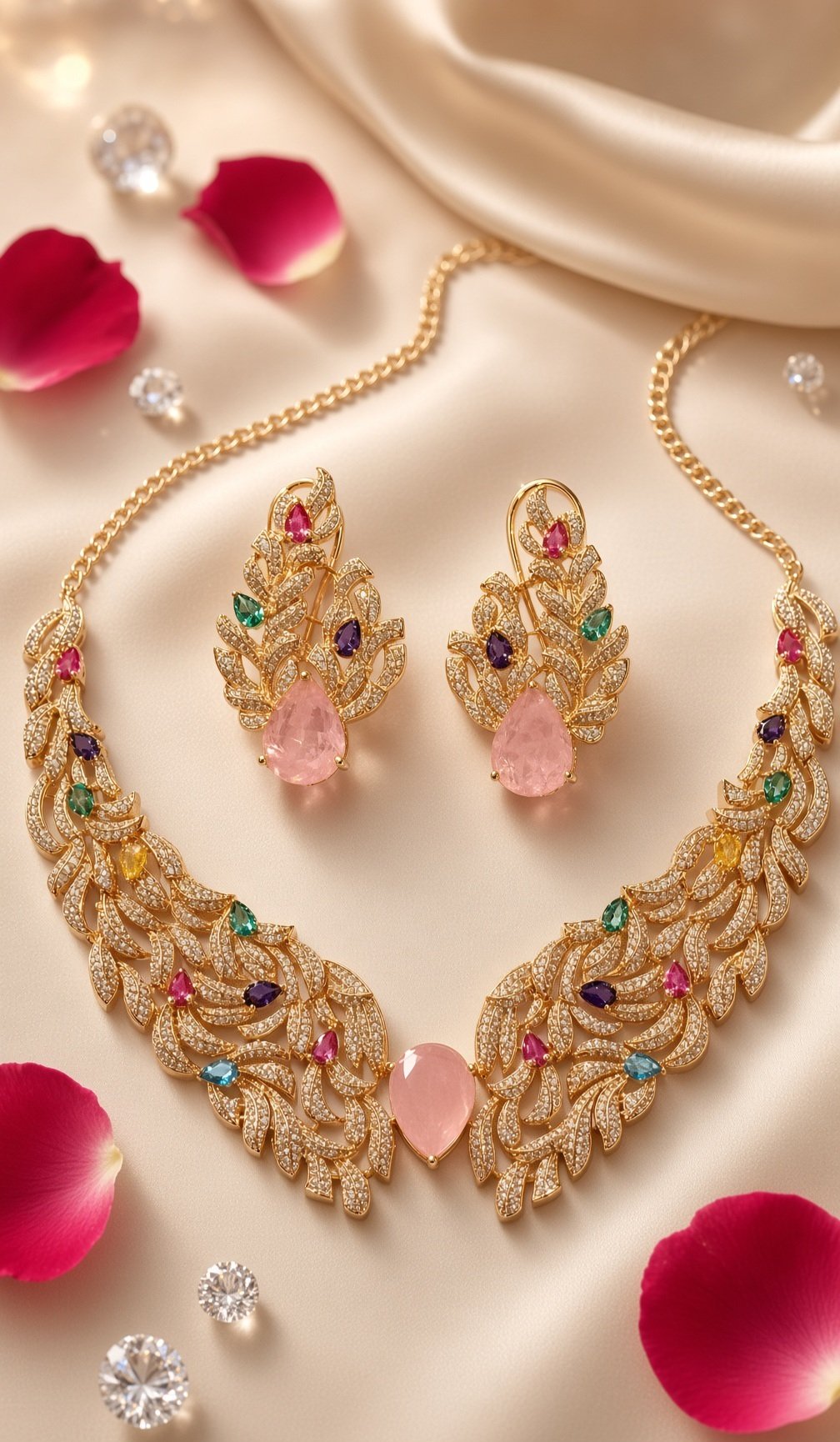 Aura Feathered Pavè Floral Multi-Gemstone With Blush Drop Central Stone Choker Set-Gold Finish