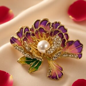 The Royl Enamel Peony And Peral Purple Blossom Brooch-Gold Finish